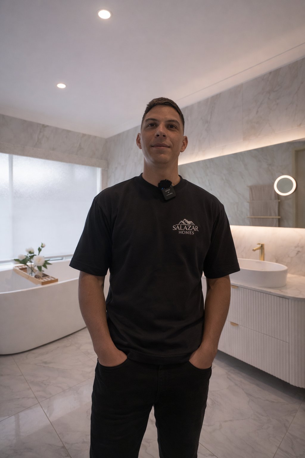 Eleazar from Salazar Homes standing in a completed bathroom renovation